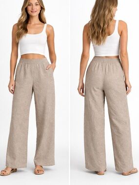 Rachel Zoe Wide Leg Embossed Floral Pull On Pants in Light Taupe with Pockets 10